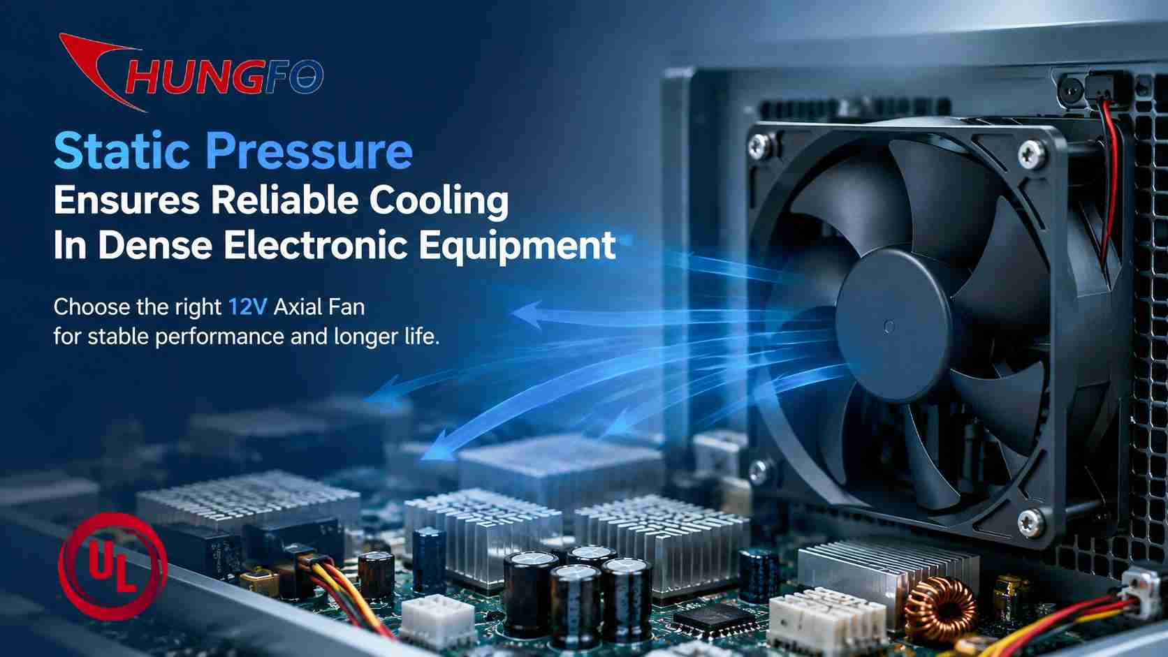 ¿Por qué es crucial la presión estática al especificar un ventilador axial de 12V para equipos electrónicos densos?